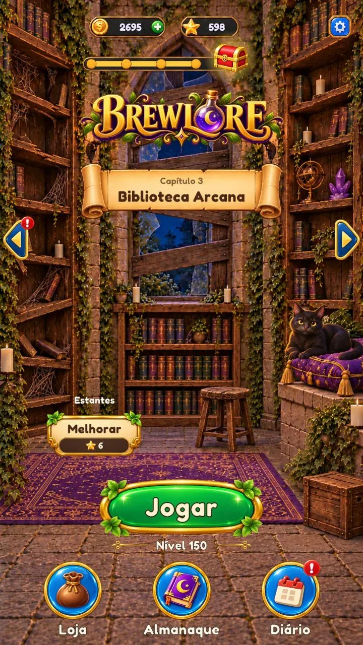 Biblioteca Arcana, com estantes de livros, cristais e a bancada de alquimia.