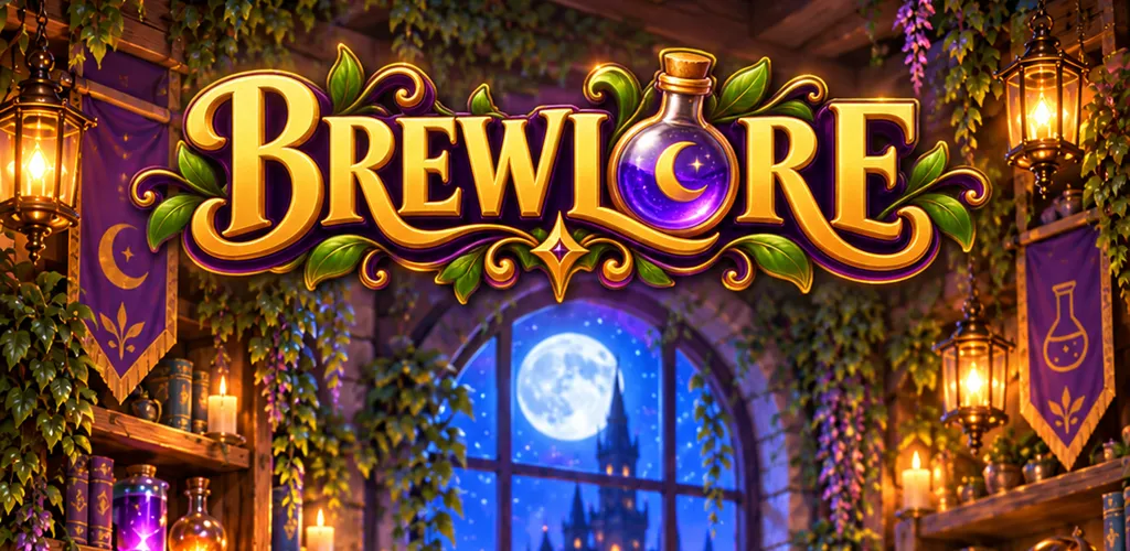BREWLORE: uma oficina de alquimia iluminada por lanternas, com poções roxas e uma janela para a lua.